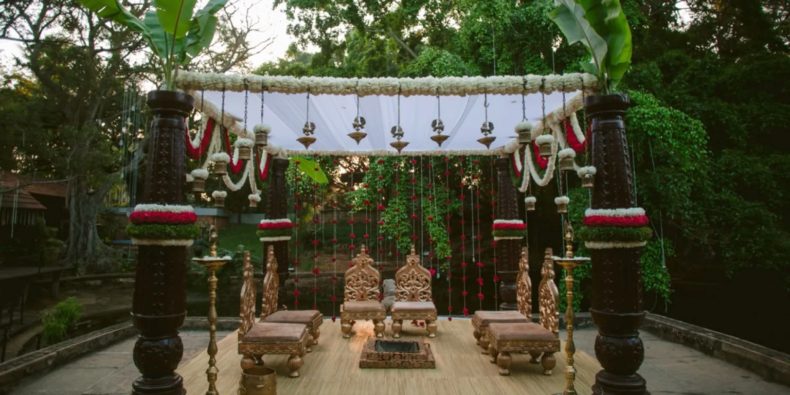 Traditional wooden mandap in a garden